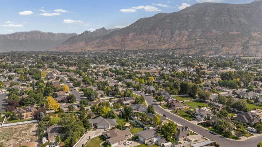 Residential neighborhood with mature trees and mountain backdrop