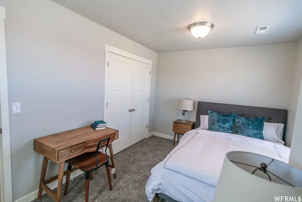 Recessed lighting, light gray walls, gray carpet, white trim, and a built-in closet with double doors