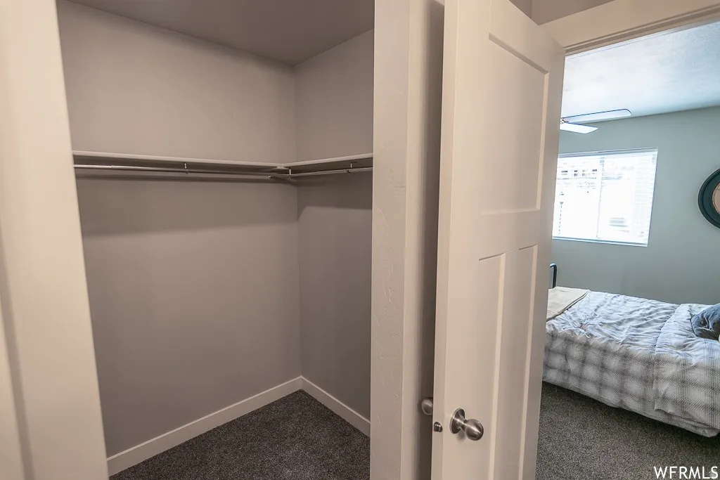 Built-in closet with hanging rods and dark carpet flooring