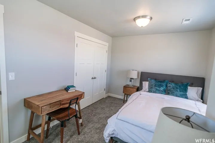 Recessed lighting, light gray walls, gray carpet, white trim, and a built-in closet with double doors
