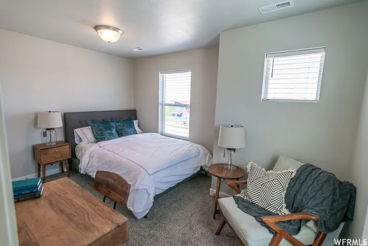 Carpeted flooring, two windows with blinds, and a flush mount ceiling light