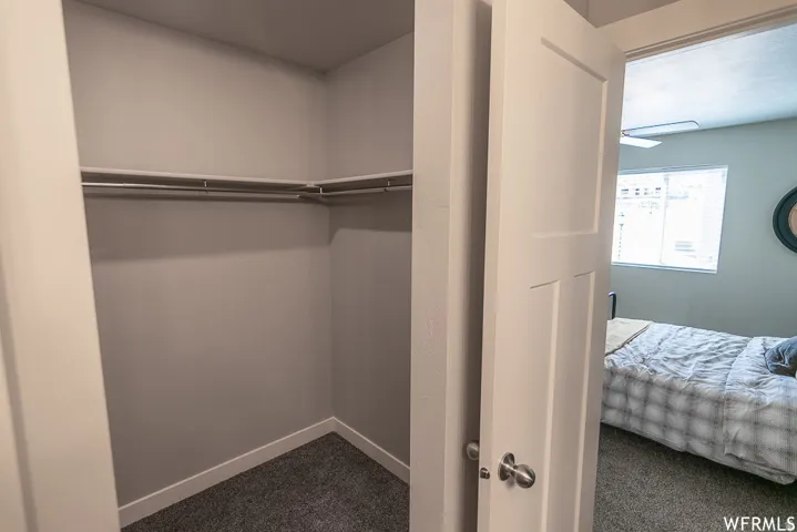 Built-in closet with hanging rods and dark carpet flooring