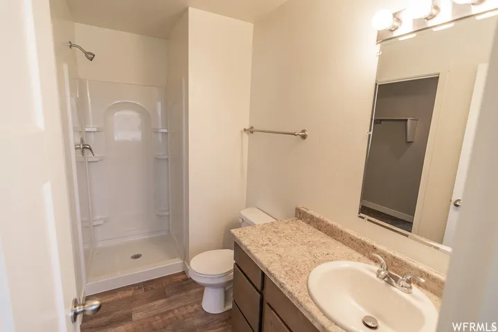 Spa-inspired bathroom featuring a spacious walk-in shower with glass enclosure and rainfall showerhead, dual-sink vanity with granite countertop, framed mirror with integrated lighting, and wood-finish flooring throughout