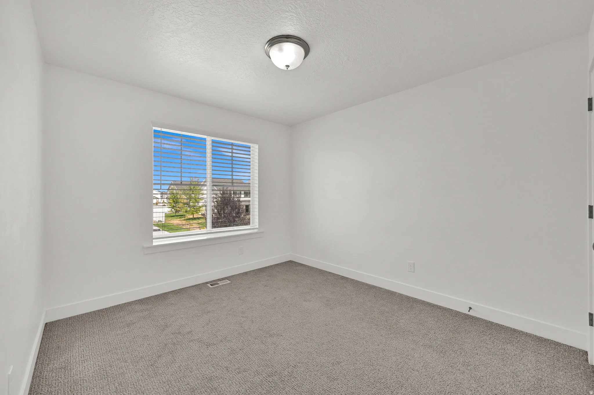 Neutral wall color, window with horizontal blinds, flush mount ceiling light fixture, and gray carpet