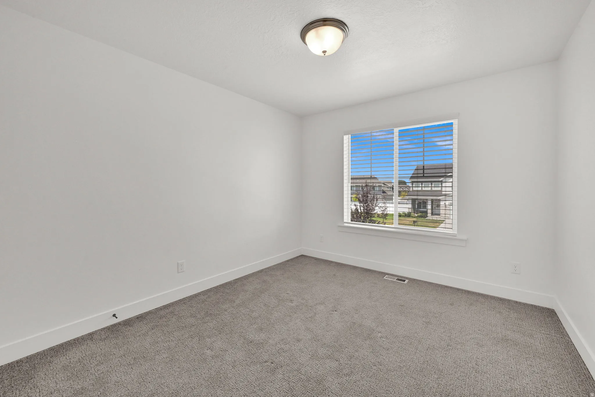 Neutral paint palette with a flush-mount ceiling light and gray carpet