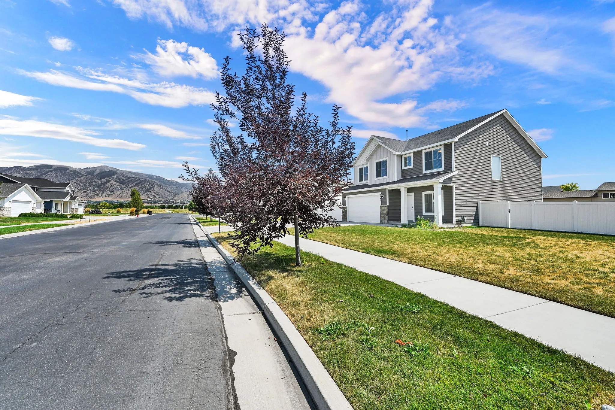 Two-story residence featuring a two-car garage and a white privacy fence