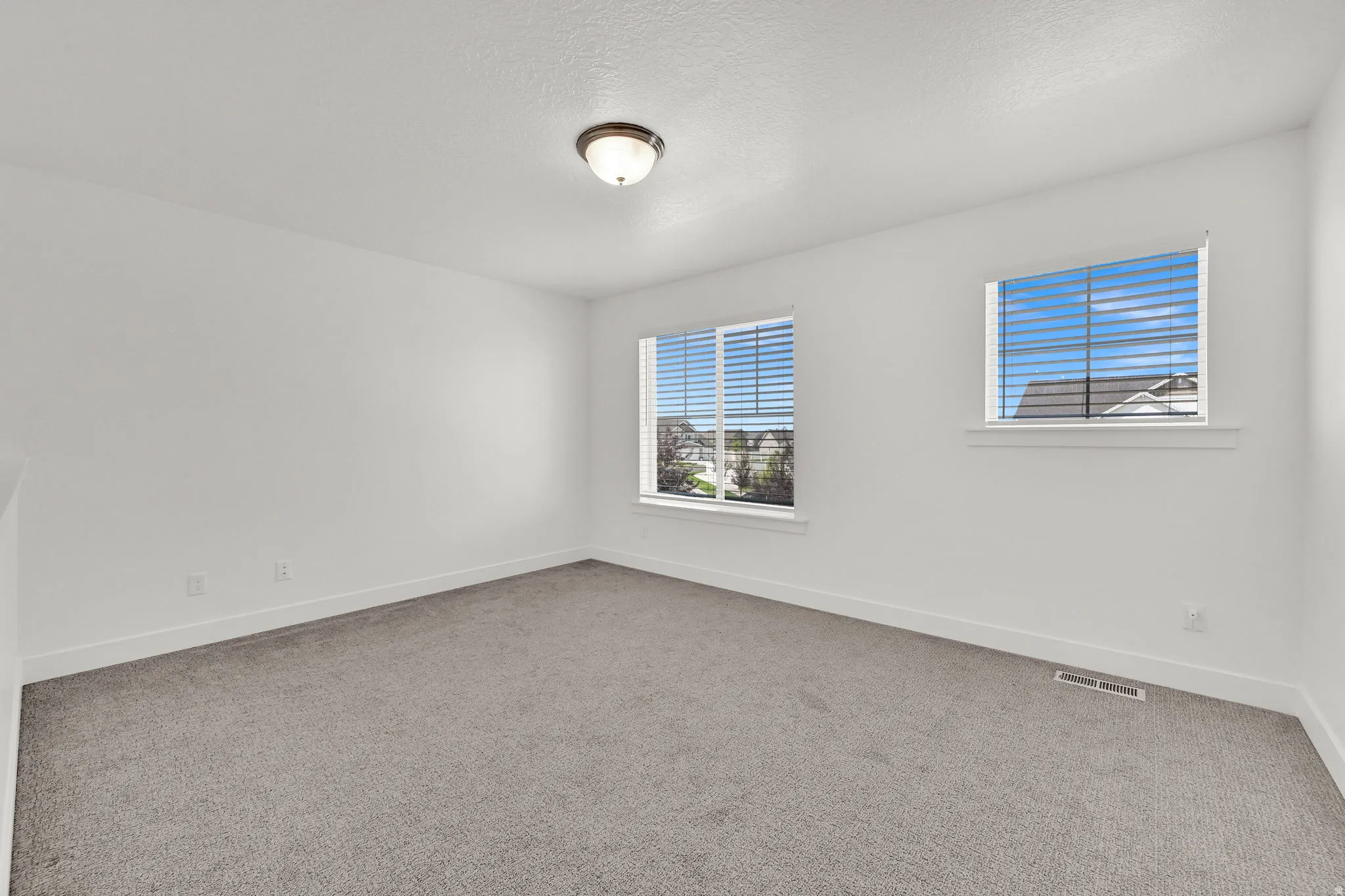 Neutral-toned carpeting, white walls, two windows with blinds, and a flush mount ceiling light fixture