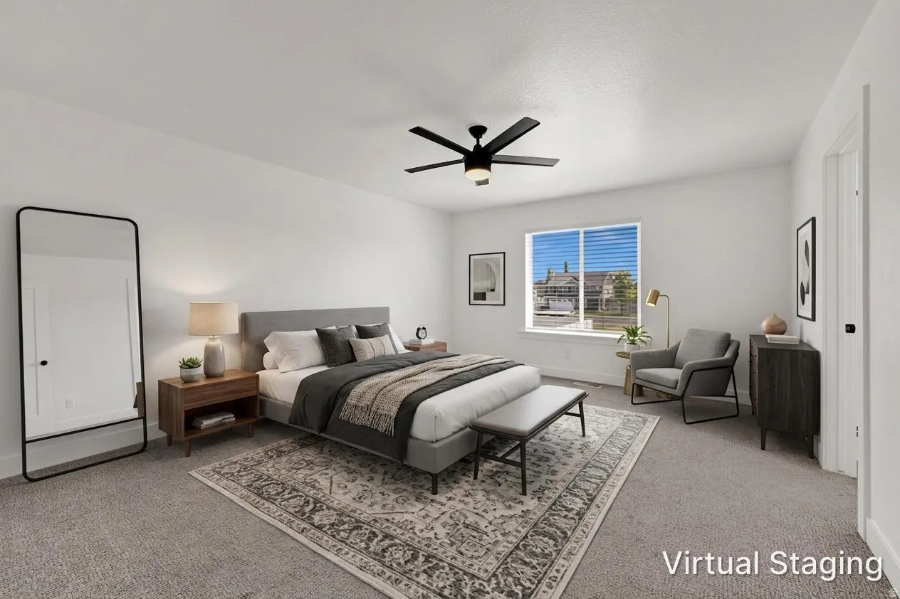 Carpeted flooring, white walls, ceiling fan, window with blinds, and white trim