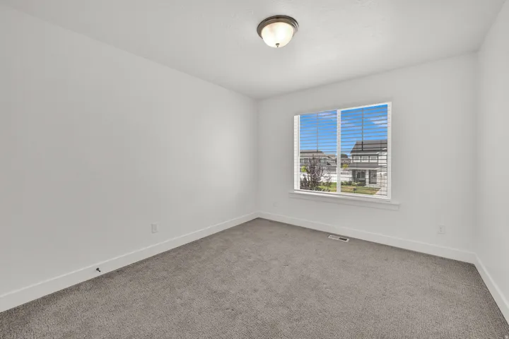 Neutral paint palette with a flush-mount ceiling light and gray carpet