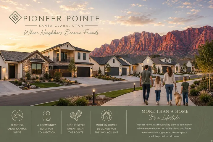 Community Marketing Brochure. Presenting the property's location, architectural design, amenities, and positioning statement for Pioneer Pointe residential development in Santa Clara, Utah