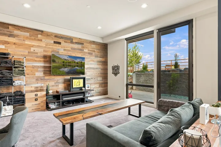 Feature wall with wood-finish paneling