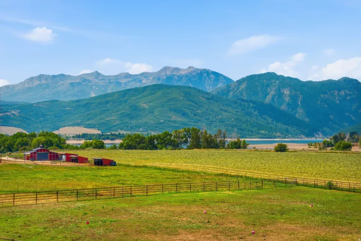 Expansive green fields, a large red barn, and outbuildings, set against a backdrop of mountains and a body of water