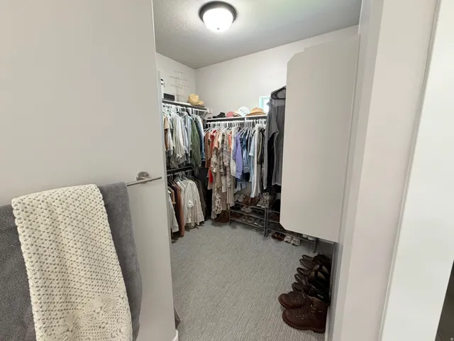 Walk-in closet with recessed lighting and light-toned carpet flooring