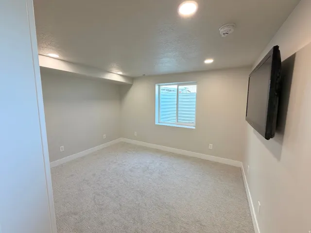 Recessed lighting, wall-mounted television, neutral wall color, and light-colored carpeting