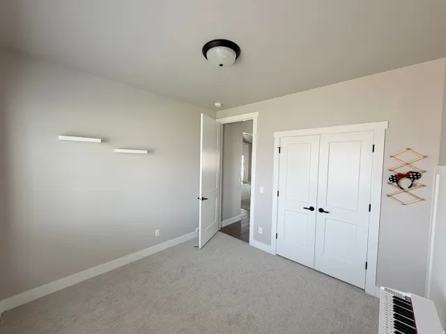 Neutral wall color, wall-to-wall carpeting, white interior doors with black hardware, and a semi-flush mount ceiling light