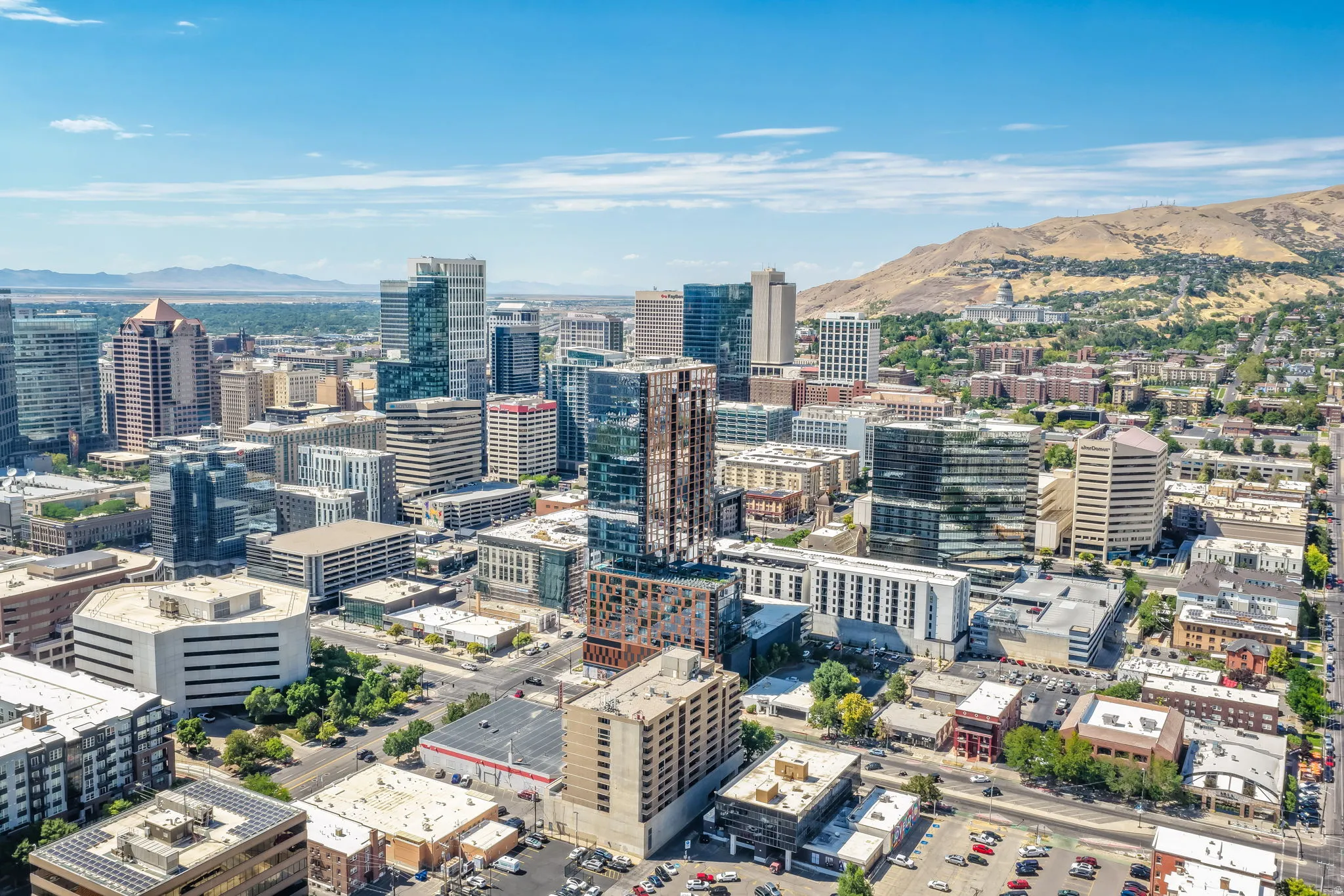 Expansive city skyline with diverse architectural styles, featuring contemporary high-rise buildings and a prominent mountain backdrop