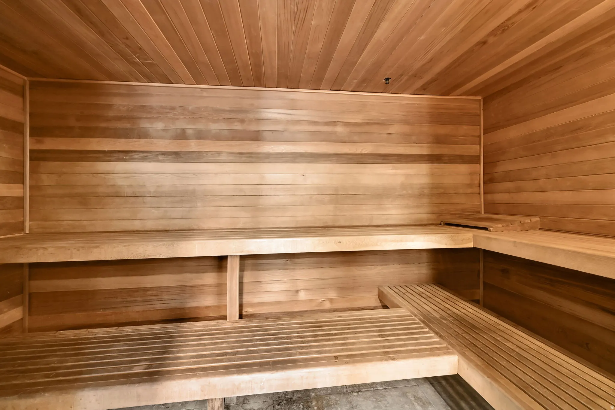 Wood-paneled sauna featuring multiple built-in benches.  Located on 4th floor