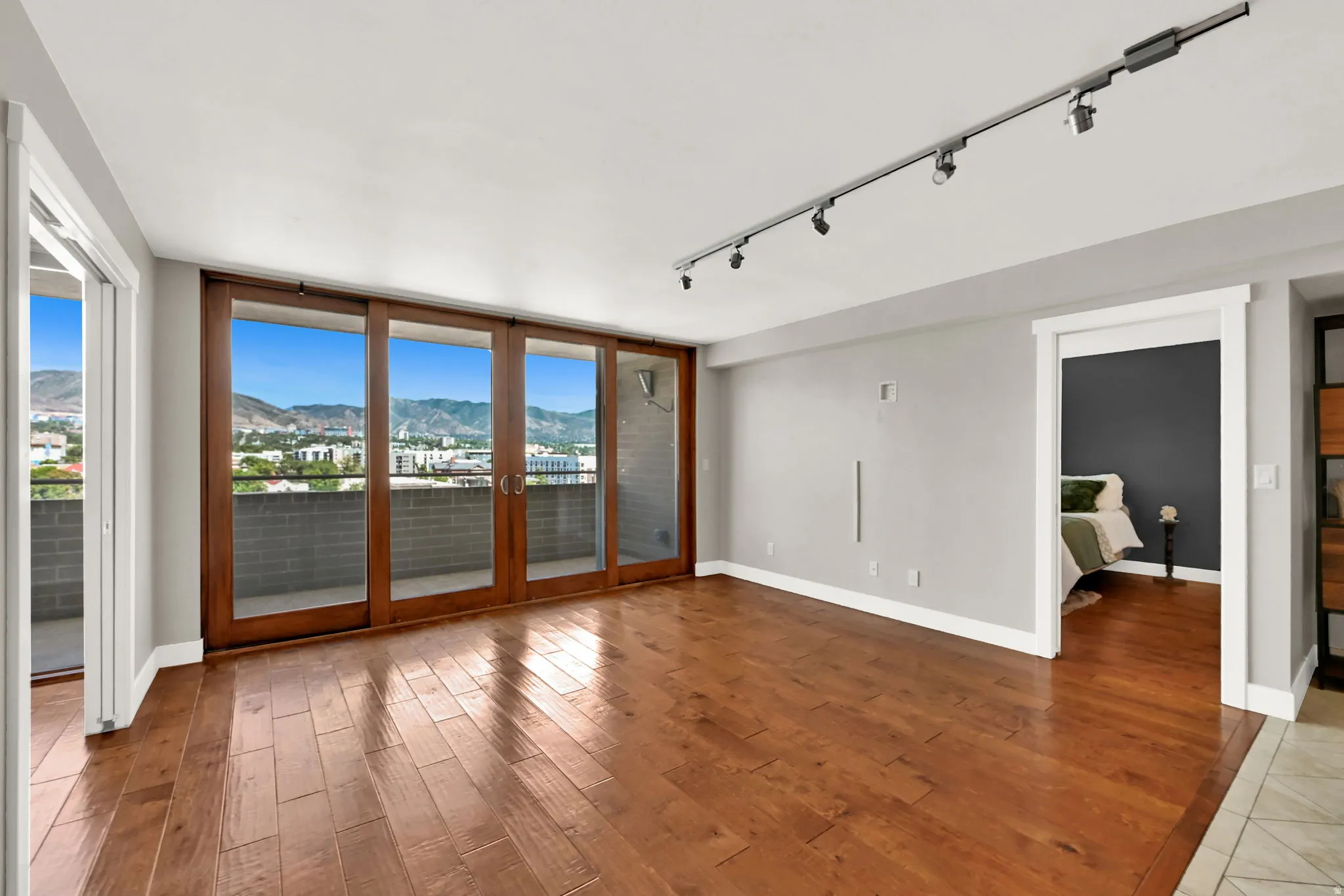 Wood-finish flooring, full-height glass doors, mountain backdrop, track lighting, and a white trim finish