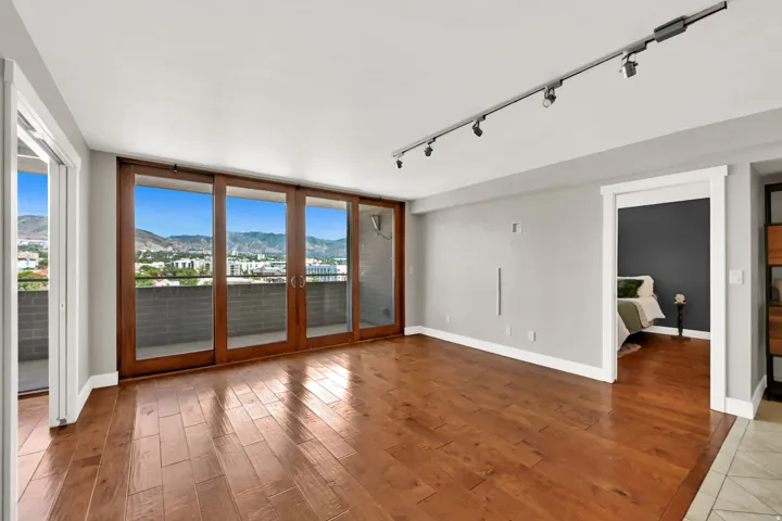 Wood-finish flooring, full-height glass doors, mountain backdrop, track lighting, and a white trim finish
