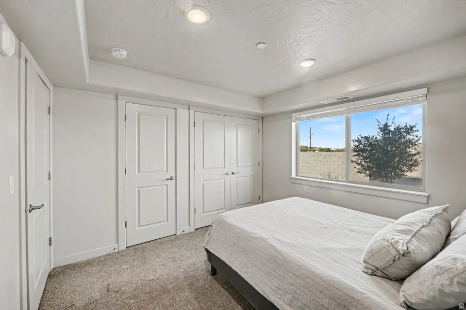 Recessed lighting, large window with ample light, neutral-toned carpeting, and white paneled doors