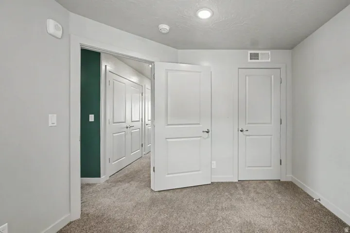 Recessed ceiling lighting, panel doors, wall-to-wall carpeting, and light gray wall paint