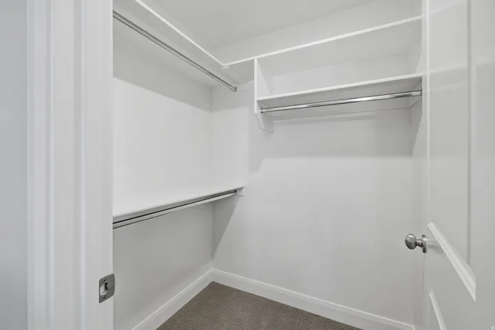 Walk-in closet featuring white shelving, multiple hanging rods, and neutral-toned carpeting