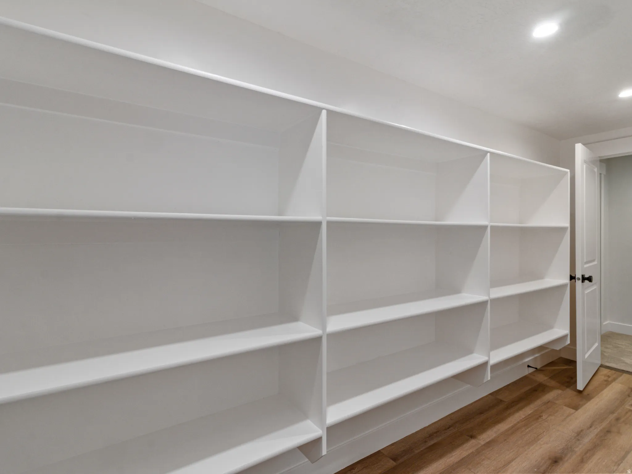 Custom-built shelving, recessed lighting, and wood-finish flooring