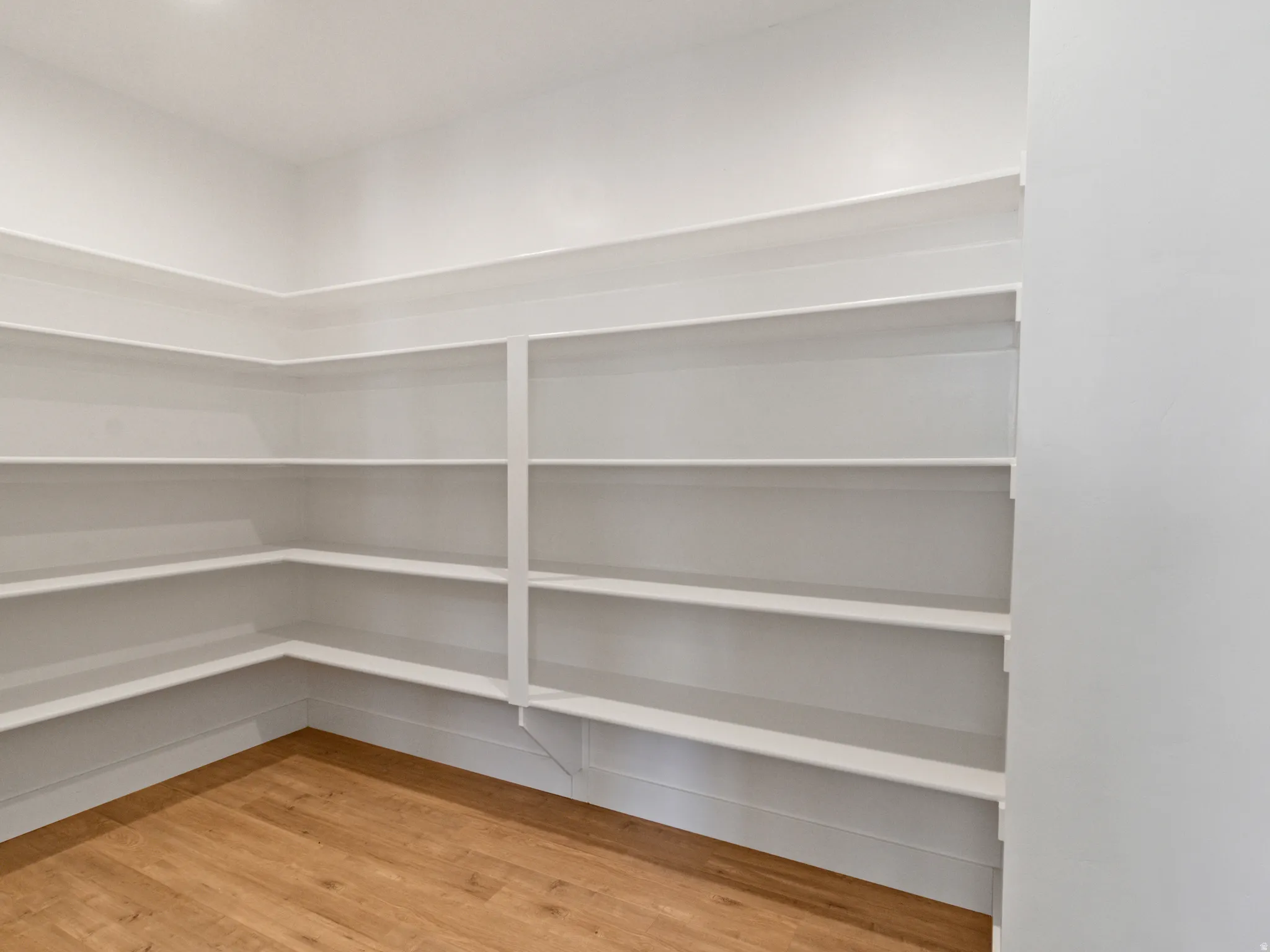 Spacious storage area featuring custom built-in shelving with multiple tiers across two walls, providing abundant organizational capacity