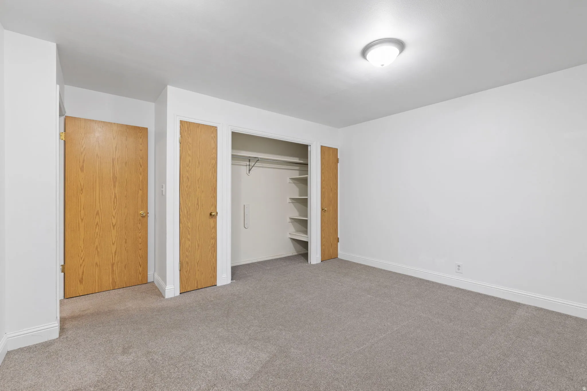 Light gray carpeting, white walls, wood-finish doors, built-in shelving, and a flush mount ceiling light fixture