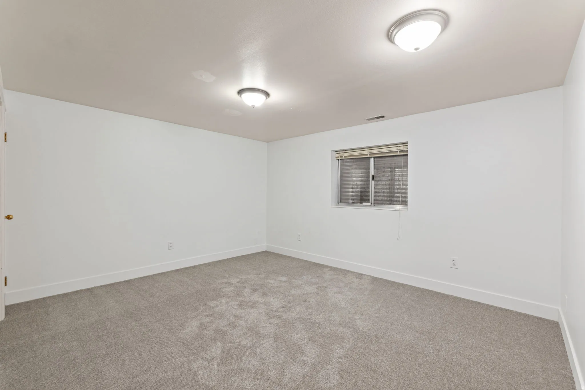 Light gray carpet flooring, white painted walls, and ceiling-mounted light fixtures