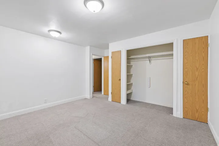Plush carpeting, recessed closet with shelving, two panel doors, and two flush-mount ceiling lights