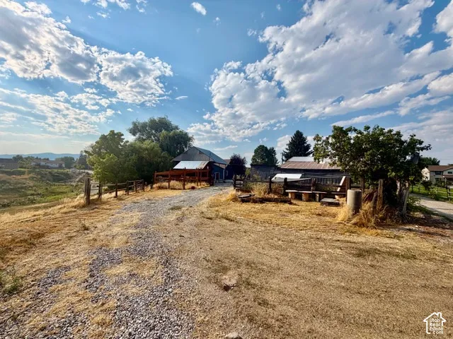 Gravel driveway leading to a multi-level structure with a metal roof, surrounded by mature trees and a wooden fence