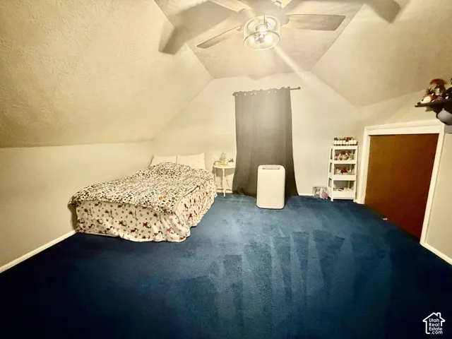 Vaulted ceiling with a flush-mount ceiling fan, blue carpeting, and a built-in closet with a wood-finish door