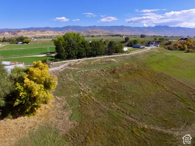 Expansive rural property featuring a paved private driveway, mature trees, and distant mountain ranges