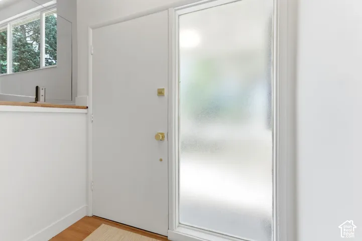 White entry door with brass hardware and an adjacent frosted glass sidelight