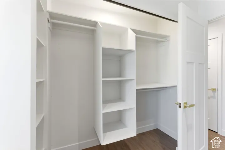 Built-in white shelving, hanging rods, wood-finish flooring, and a white panel door with a gold-tone handle