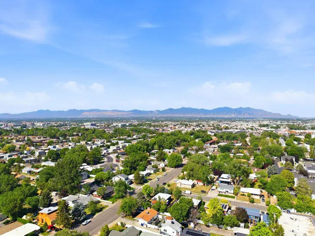 Expansive neighborhood with mature trees, residential properties, and distant mountain ranges