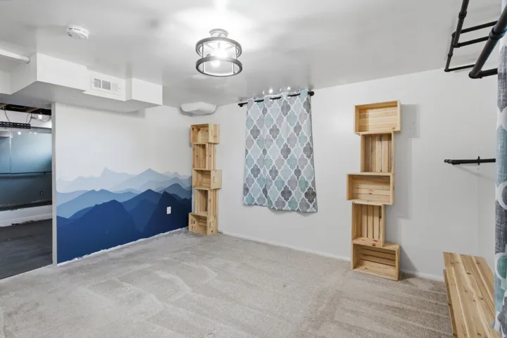 Carpeted flooring, painted accent wall, overhead lighting fixture, and window with curtain rod