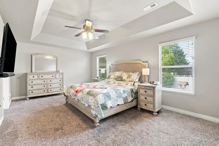 Tray ceiling, ceiling fan, neutral wall paint, carpeted flooring, window with blinds