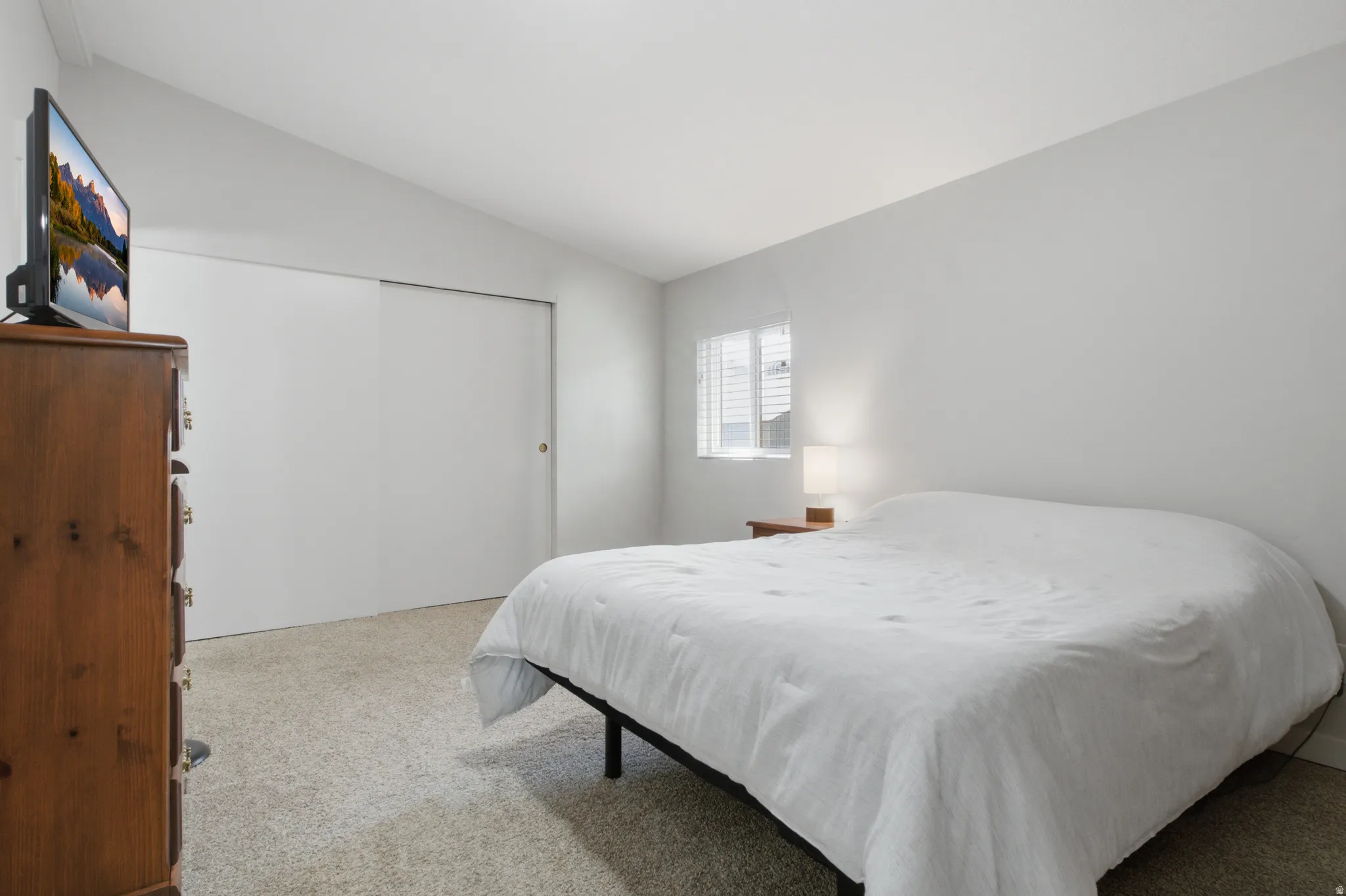 Carpeted flooring, window with blinds, and white walls