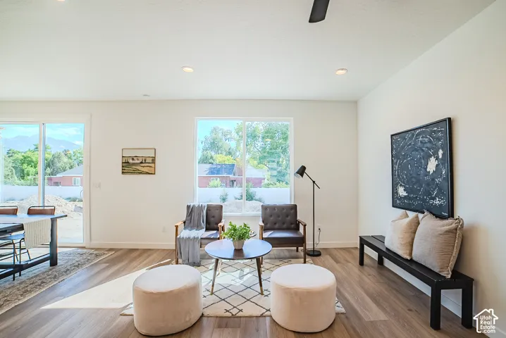 Bright living area featuring wood-finish flooring, recessed lighting, and a ceiling fan