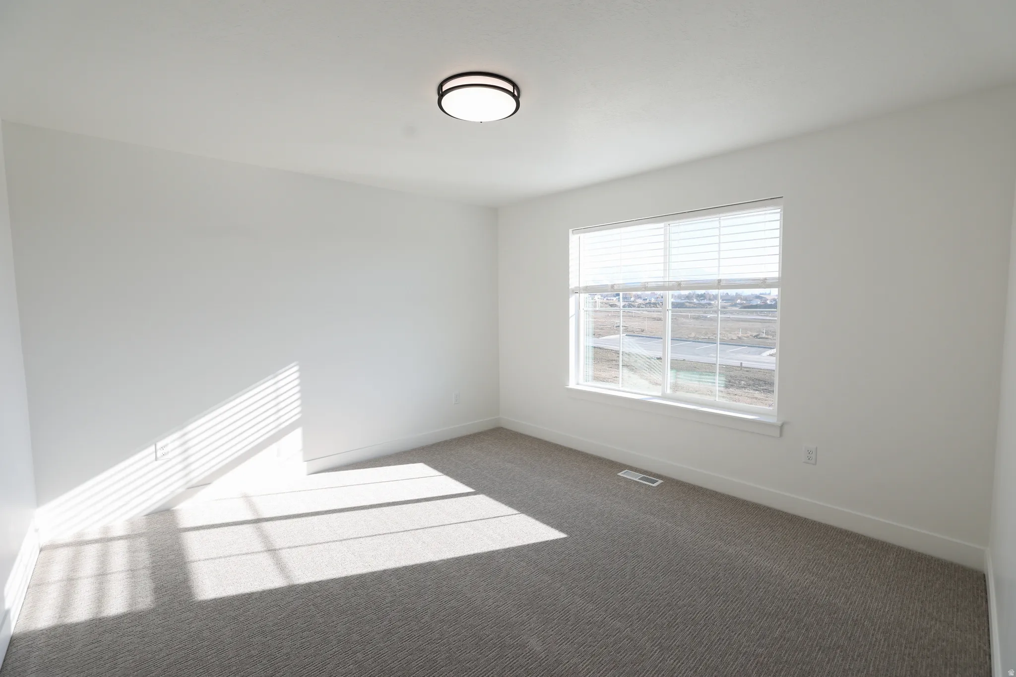 Recessed window with white blinds, carpeted flooring, and a flush-mount ceiling light fixture