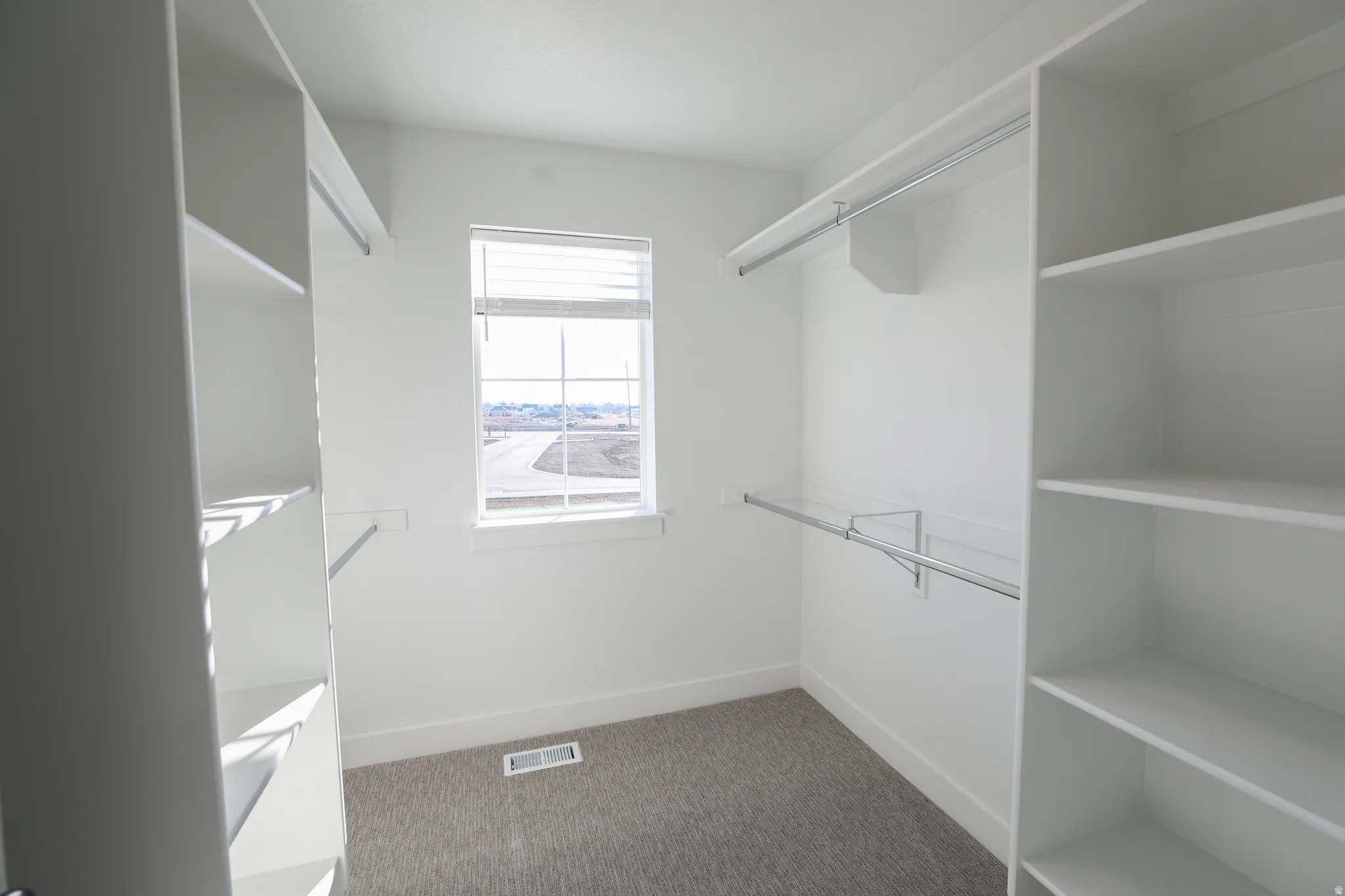 Walk-in closet with carpet flooring, built-in shelving, chrome hanging rods, and a window with blinds