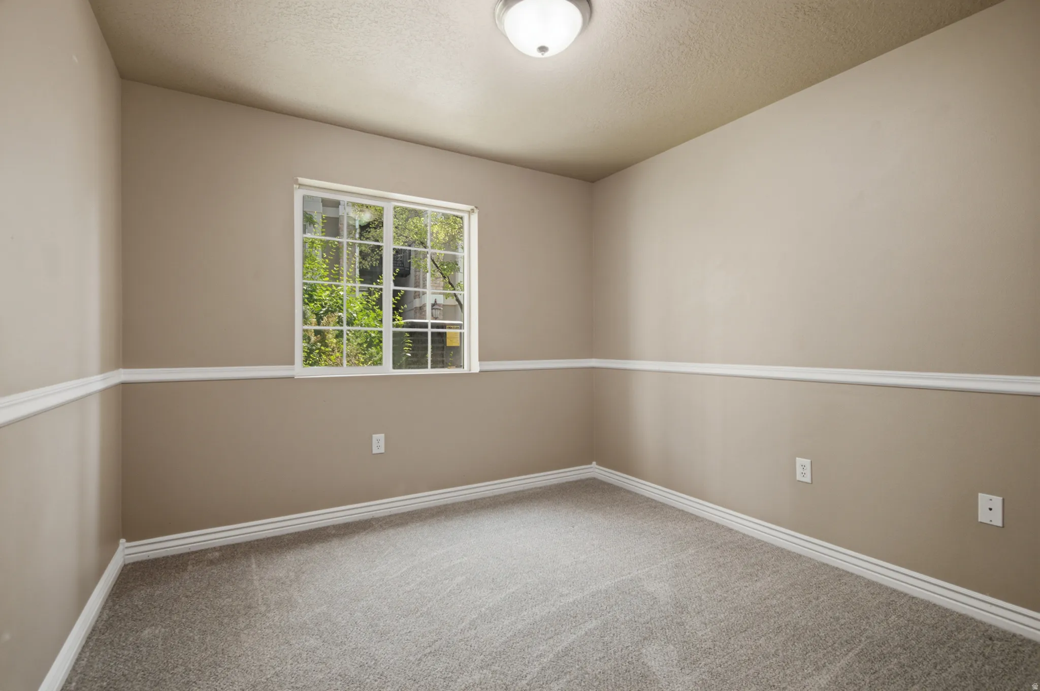 Neutral-toned walls with chair rail molding, a multi-pane window, flush mount ceiling light, and gray carpeting