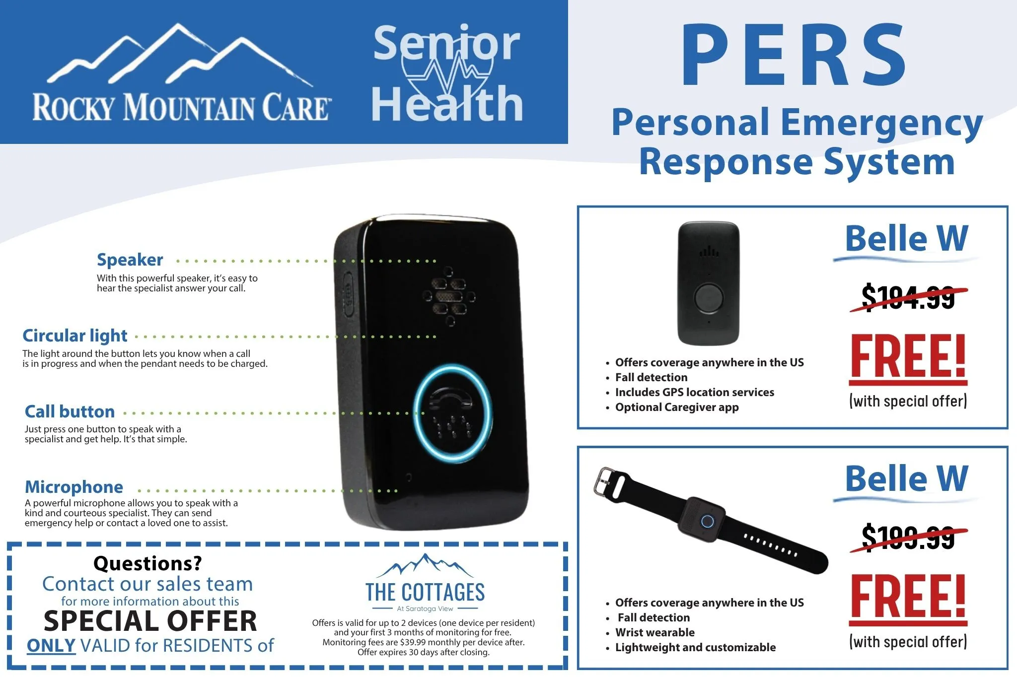 Marketing Flyer. Highlighting features and pricing for personal emergency response systems