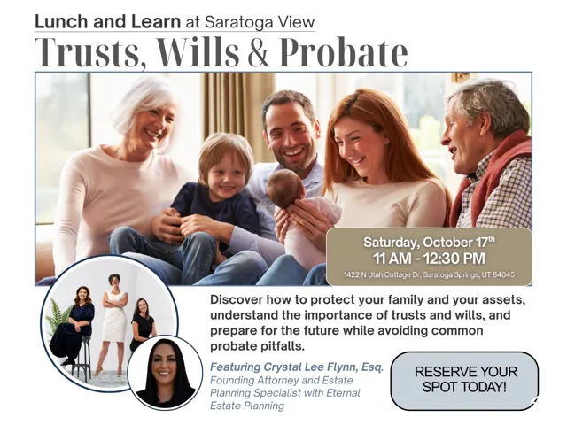 Event Flyer. Promoting a seminar on trusts, wills, and probate, including date, time, location, and featured speakers