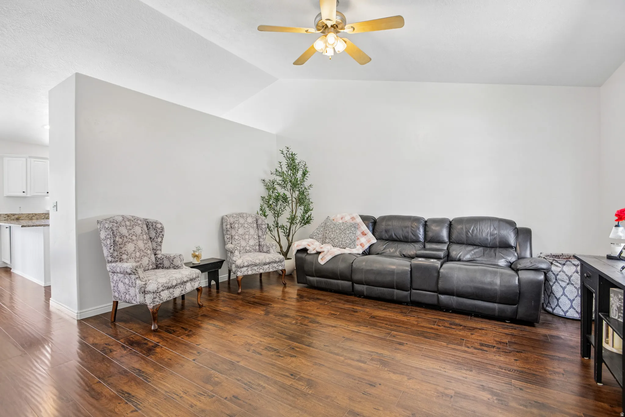 Vaulted ceiling with a ceiling fan, wood-finish flooring, and a partial wall separating spaces