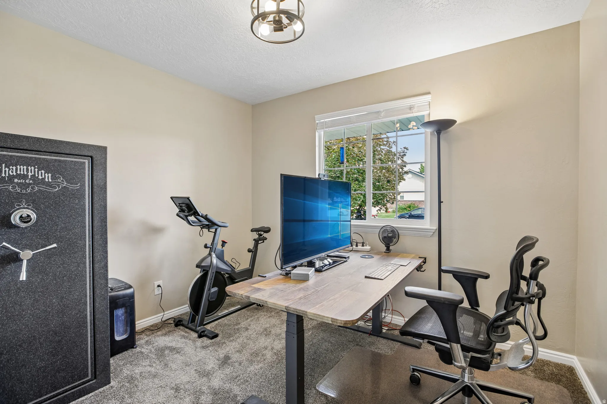 Textured wall-to-wall carpeting, window with blinds, and ceiling-mounted light fixture