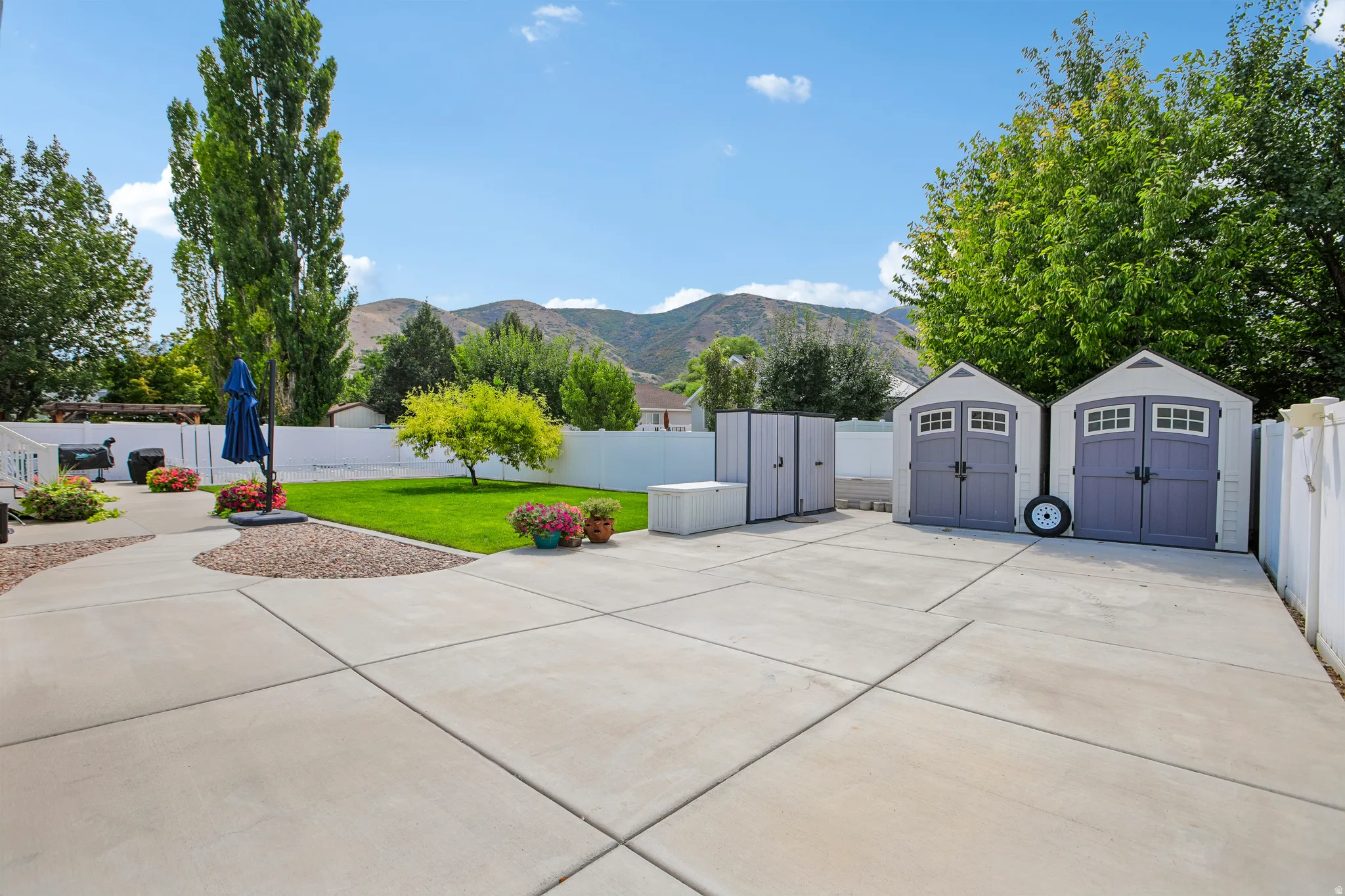 Expansive concrete patio with integrated lawn, mature trees, and two storage sheds