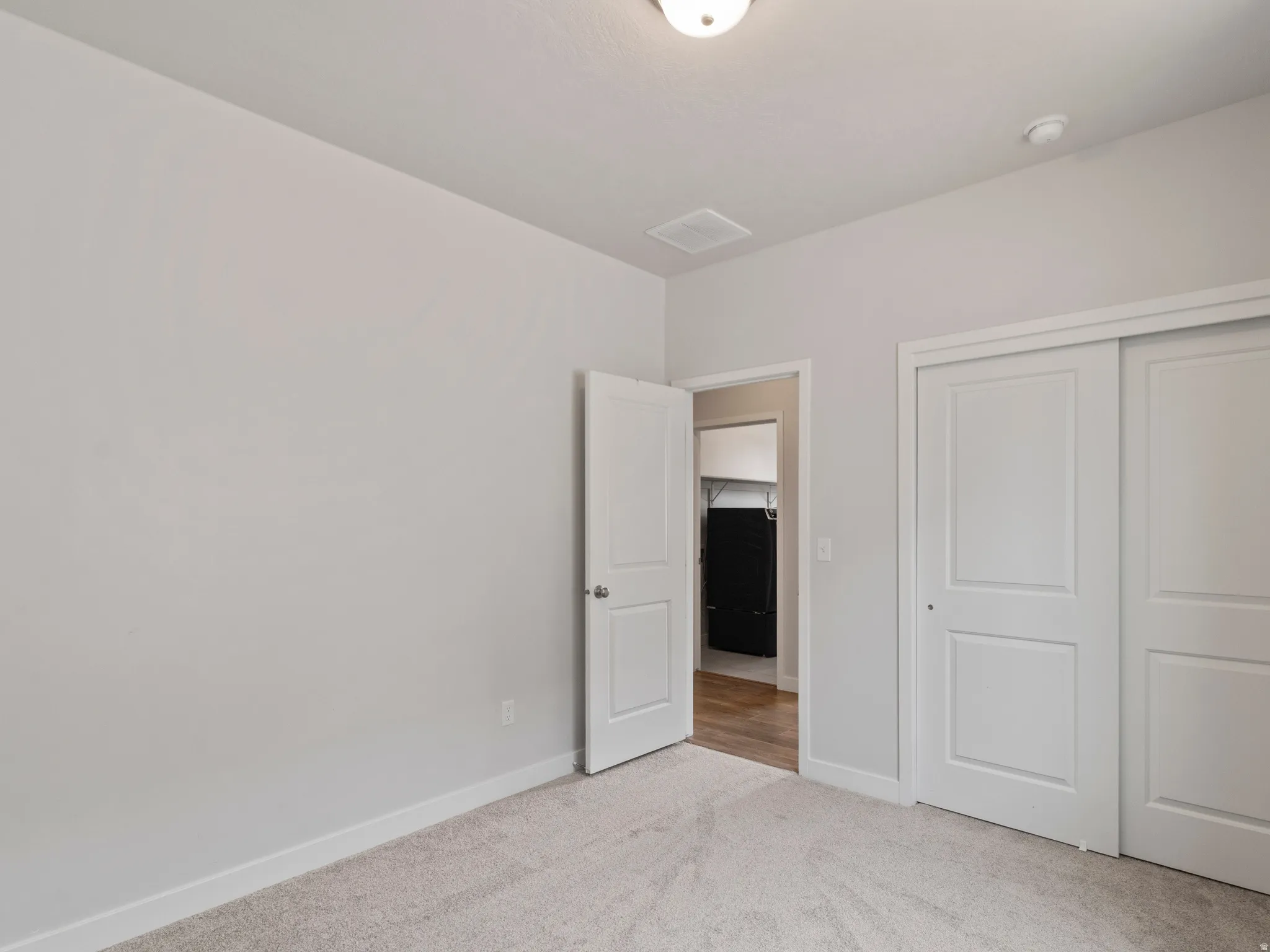 Neutral paint palette with ceiling light fixture, sliding closet doors, and light-toned carpeting